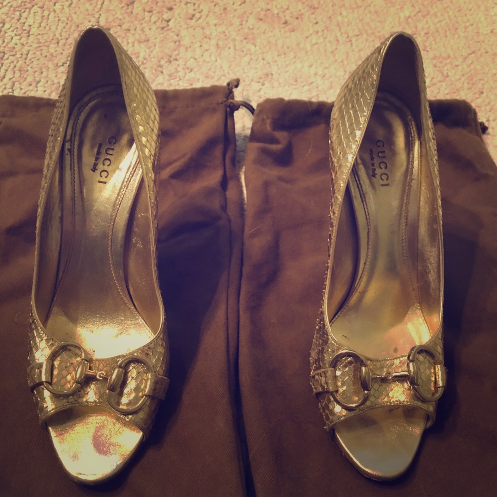 Gold Gucci Python Horsebit Peep Toe Heels